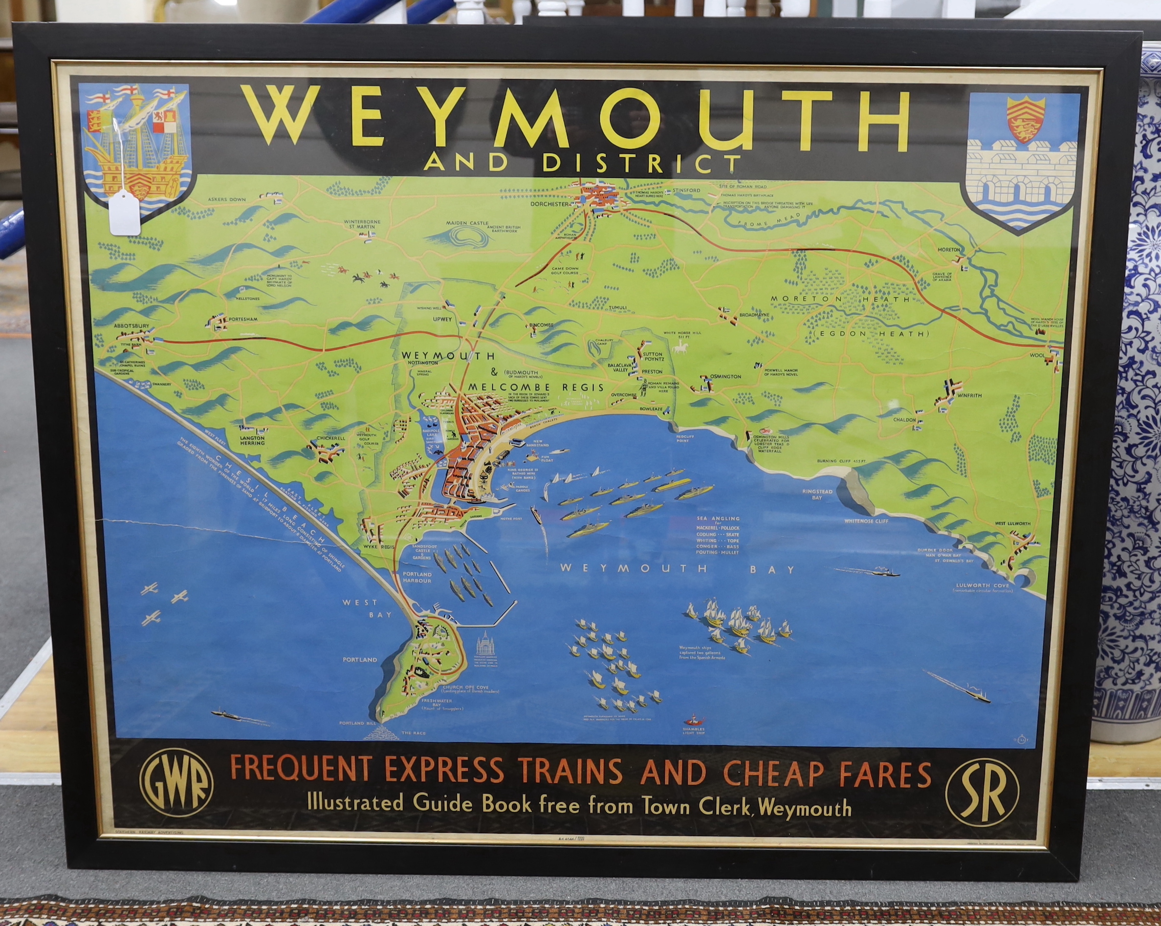 A framed Southern Railway Advertising SR and GWR original poster, 'Weymouth and District' by Dilly, original poster printed by The Baynard Press, 99 x 125cm